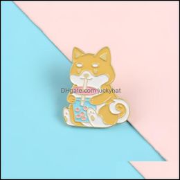 Pins Brooches Dog Animal Enamel Pin For Women Cute Akita Badge Drinking Milk Tea Cartoon Lapel Clothes Backpack Jewelry Gift 937 Q2 Otm8A