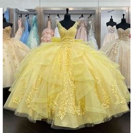 Daffodil Princess Quinceanera Dresses Ruffles Skirt Crystal Beads Appliques prom Formal Exqusite Vestido Sweet 16 Dress