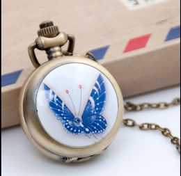 Pocket Watches Wholesale 10 PCS/lot Butterfly Bronze Silver Pendant Woman Flip Clock Mirror Necklace Gift Chain