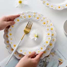 Plates 8/10inch Cute Small Daisy Flower Ceramic Dessert Salad Bowl Tableware Dishes Dinner Steak SnackTray White Crockery