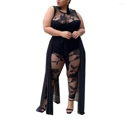 Pants Plus Size Black Sleeveless Jumpsuit Women Elegance Summer Street Wear Round Collar Lace Flocking Print Casual Base Drop