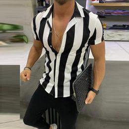 Men's T Shirts Men Fashion Casual Multicolor Striped Lapel Short-Sleeve Top Blouse Shirt Summer