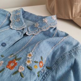 Women's Blouses Spring Autumn Casual Three-dimensional Embroidery Flower Cowboy Shirt Women Turn Down Collar Long Sleeve Female Blouse Tops
