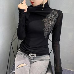 Women's T Shirts T-shirts Female Rhinestone Mesh Turtleneck Long Sleeve Fashion Tops Women's Diamond Tshirt Tees Poleras De Mujer Moda