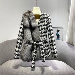 Women's Fur Ladies Wool Cashmere Blends Houndstooth Coat With Natural Decoration Winter Outerwear Streetwear