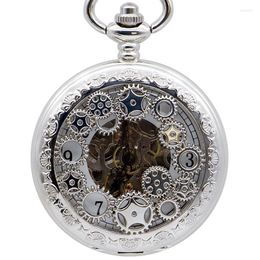 Pocket Watches Brand Steampunk Skeleton Hollow Gear Roman Numerals Hand Wind Up Mechanical Watch FOB Chain Fashion PJX1404