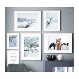 Paintings Alps Ice Mountain Smog Pine Forest Horse Wall Art Canvas Painting Nordic Posters And Prints Pictures For Living Room Decor Dh3Ry