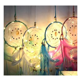 Arts And Crafts Handmade Led Light Dream Catcher Feathers Home Decoration Wall Hanging Ornament Gift Wind Chime Drop Delivery Garden Dhhel