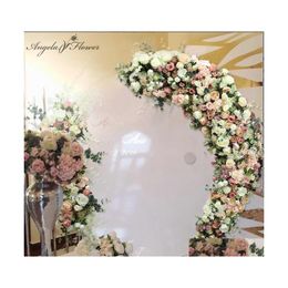 Decorative Flowers Wreaths Custom Champagne Moon Shape Flower Arrangement Rose Artificial Row Wedding Arch Decor Backdrop Wall Win Dhrxq