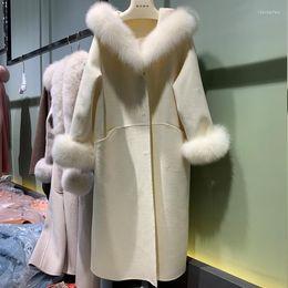 Women's Fur Autumn Winter 2023 Ladies Long Real Wool Cashmere Coat With Genuine Cuffs Loose Hooded Female Trench Outwear