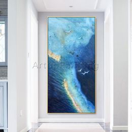 Artisan Seascape Canvas: Modern Hand-painted Dark & Light Blue Oil Painting with Gold Accents - Ideal Abstract Wall Decor for Living Room