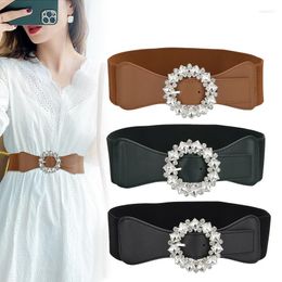 Belts Rhinestone Buckle Fashion Ladies Elastic Waist Seal Two-Layer Leather High-end Belt Coat Dress Accessories