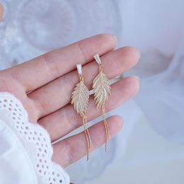 Dangle Earrings & Chandelier Trendy 14K Real Gold Leaf Tassel Drop For Women Girl Korean Fashion Jewelry S925 Silver Needle Zircon Party