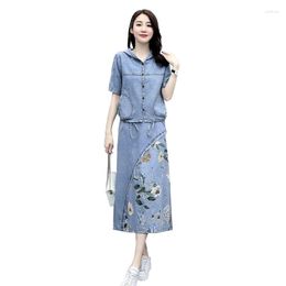 Work Dresses Denim Skirts Set Women's Summer 2023 Long Skirt Suit Hooded Printing Female Two-Piece Short-Sleeved Jeans Outfit Ladies