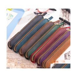 Pencil Bags Handmade Leather Bag Vintage Retro Zipper Fountain Pen Brush Pouch Case Drop Delivery Office School Business Industrial Dhmpw