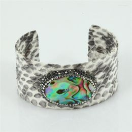 Bangle Trendy Luxury Natural Oval Fancy Blue Shell Charms Rhinestone Adjustable Grey Leather Big Open For Women