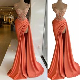 Sexy Orange Prom Dresses Spaghetti Straps Lace Appliques Crystal Beads Sleeveless Mermaid High Side Split Sweep Train Plus Size Long Party Evening Gowns