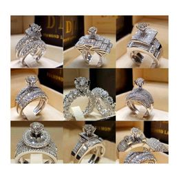 Band Rings 2 Pcs/Set Series Trendy White Crystal Round Ring Set For Women Girls Wedding Engagement Party Fashion Jewelry Drop Deliver Otlfq
