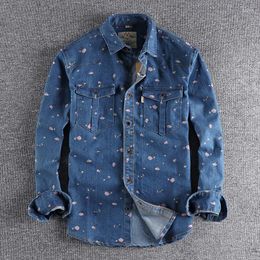 Men's Casual Shirts Autumn Winter American Retro Denim Floral Cargo Shirt Men's Fashion Pure Cotton Washed Old Youth Pocket Blouses Coat