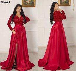 Red Sequined Long Sleeve Prom Dresses A Line V Neck Elegant Satin Skirt Arabic Aso Ebi Formal Party Evening Gowns Sexy Side Split Women Special Occasion Dress CL1671