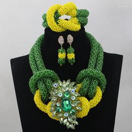 Necklace Earrings Set Latest Green And Yellow Chunky Bold Nigerian Jewellery Twisted Crystal Seed Beaded ABL760