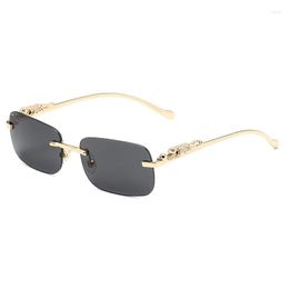Sunglasses Rimless Rectangle Vintage For Women Men Metal Leopard Head Eyewear Frameless Tinted Sun Glasses Shades