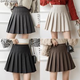 Skirts Winter Woollen Skirt Women Solid High Waist Pleated Mini Vintage School A Line Falda Plisada Beige Grey Black Brown 230110