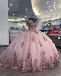 Rose Pink Princess Quinceanera Dresses with 3D Floral Gillter Sequins Off Shoulder Lace-up Corset Prom vestido de15 anos