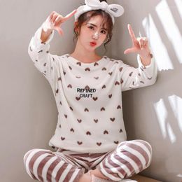 Women's Sleepwear Flannel Pyjama Sets Women Lovely Printed Long Sleeve Tops Full Length Pants Cosy Thicker Nightwear Students Leisure Lounge