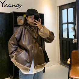 Women's Leather & Faux Street Style Lapel Jacket 2023 Autumn Winter Warm Retro Ladies Motorcycle Y2k Fashion All-match Top