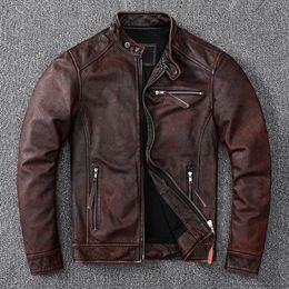 Men's Leather Faux Vintage Brown Coat Classic Biker Style Short Slim Genuine Jacket Men Casual Asian Size 6XL Autumn Wholesale 230109