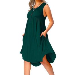 Sarongs Women Summer Casual Dress With Pocket Cotton Loose O-neck Tank Top Ladies Pure Color Sleeveless Swing Plus Size