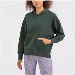 Active Shirts Casual Cotton French Terry Hooded Sweatshirts Pullover Women Relaxed Fit Long Sleeved Solid Athletic Hoodies Tops With Pockets