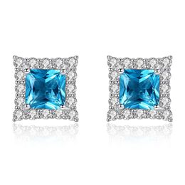 Sapphire Stud Earrings S925 Silver Micro Set Zircon Square Earrings European Fashion Women Earrings Exquisite Jewelry Women Wedding Party Valentine's Day Gift SPC