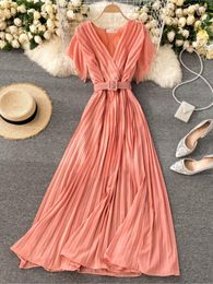 Casual Dresses Women Summer French Vintage Midi Dress With Belt Puff Short Sleeve Office Lady Elegant Female 2023 Chiffon Pleated Clothes