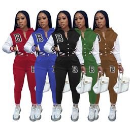 Fall Winter Baseball Women's Fleece Tracksuits Long Sleeve Letter B Hooded Jacket and Sweatpants Matching Two 2 Piece Sets Outwork Outfits Casual Sweatsuits 8481