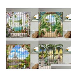Shower Curtains Landscape Scenery Curtain Waterfall Forest Arched Garden Window View Green Plants Flowers Home Bathroom With Hook Dr Dhqrx