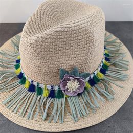 Wide Brim Hats Flower Tassels Cowgirl Summer Hat Straw For Women Lady Trendy Woven Sun Beach Cap