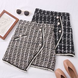 Skirts Tweed for Women Solid High Waist Slimming Autumn Spring Buttons Double Breasted Wool Mini Skirt 230110