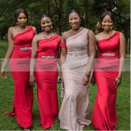 Red One Shoulder Bridesmaid Dresses With Appliques Sleeveless African Women Long Wedding Bridal Party Dress Formal