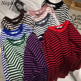 Women's TShirt Neploe Stripe T Shirts Mediumlong Causal Thin Oneck Top Korean Streetwear Oversized Clothes 230110