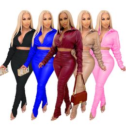 Designer Tracksuits Two Piece Sets Women PU Leather Outfits Fall Winter Long Sleeve Deep V Neck Shirt Crop Top and Stacked Pants Casual Suits Wholesale Clothes 8520