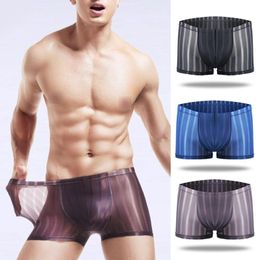 Underpants Boxer Mens Underwear Boxers Sexy Stripe Men's Mesh Transparent Low Waist Ultra-thin Ice Silk Breathable Underpant