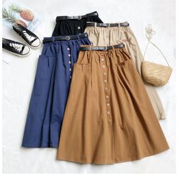 Skirts PEONFLY Autumn Korean Casual Cotton Midi Long Women Button Pocket Belt A Line High Waist Midlength Female 230110