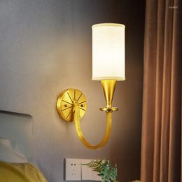 Wall Lamps Hallway Copper Indoor Lamp Lighting Bedroom Bedside Light Sconce European Living Room Cloth Shade Fixture