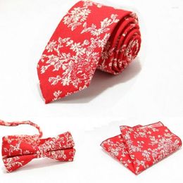 Bow Ties Floral Necktie Tie Handkerchief For Men Leisure Cotton 6cm Kerchief Set Standard Pocket Square Red Butterfly Wedding