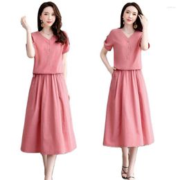 Work Dresses 2023Summer Set Women Outfit T-Shirt Short-Sleeved Thin Belt Top Thinner Suit Cotton Linen Skirt Fashion Femme Two-Piece L729