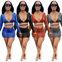 Work Dresses Sexy Bandage 2 Pieces Mini Skirt Sets Long Sleeve V Neck Crop Top And Draped Strings Skirts Woman Matching Night Club Wear