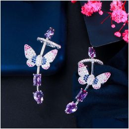 Stud Cwwzircons Symmetrical Purple Cubic Zirconia Lovely Butterfly Ear Cuff Climber Earring For Women Fashion Punk Jewellery Cz874 Dro Dhvqw