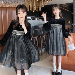 Girl Dresses Girls Autumn Winter Patchwork Dress Black Flannel Fabric Sequined Princess For Mesh High Waist Clothes 4-13Y